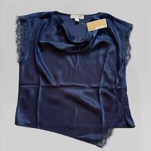 Michael Kors Satin Lace Trim Top Navy Blue Sleeveless Blouse Size L NWT $98